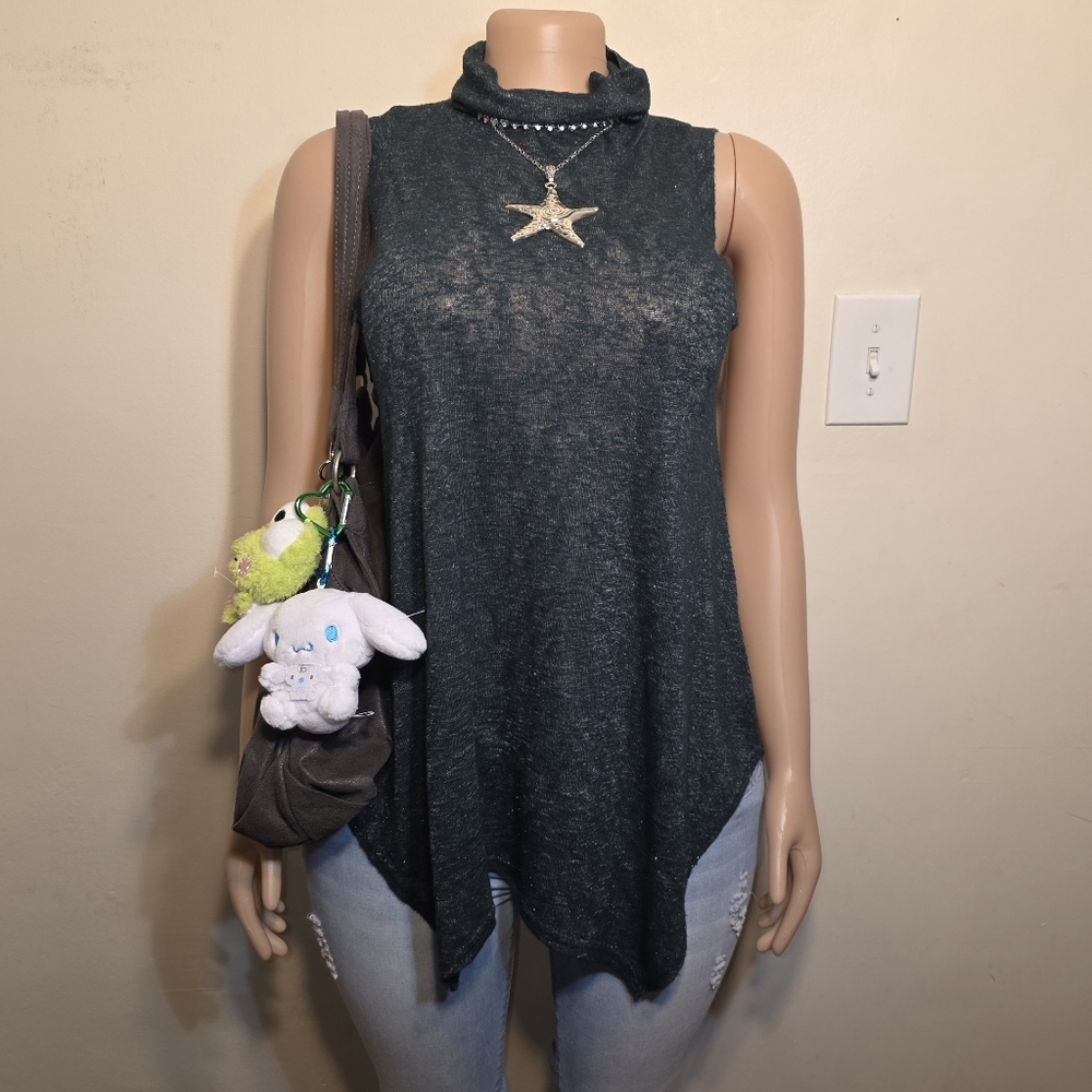 Apt. 9 Sleeveless Forest Green  Silver Glittery Turtleneck Asymmetrical Top